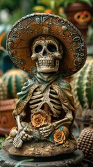 Fototapeta na wymiar Skeleton in traditional Mexican outfit with sombrero. Concept: Day of the Dead and Mexican culture, festival and traditional holidays