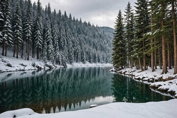 Forest with snow by lake