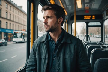 Man standing riding bus looking out window