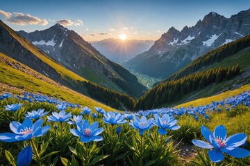 Picturesque mountains with blue bloom in soft light of sun