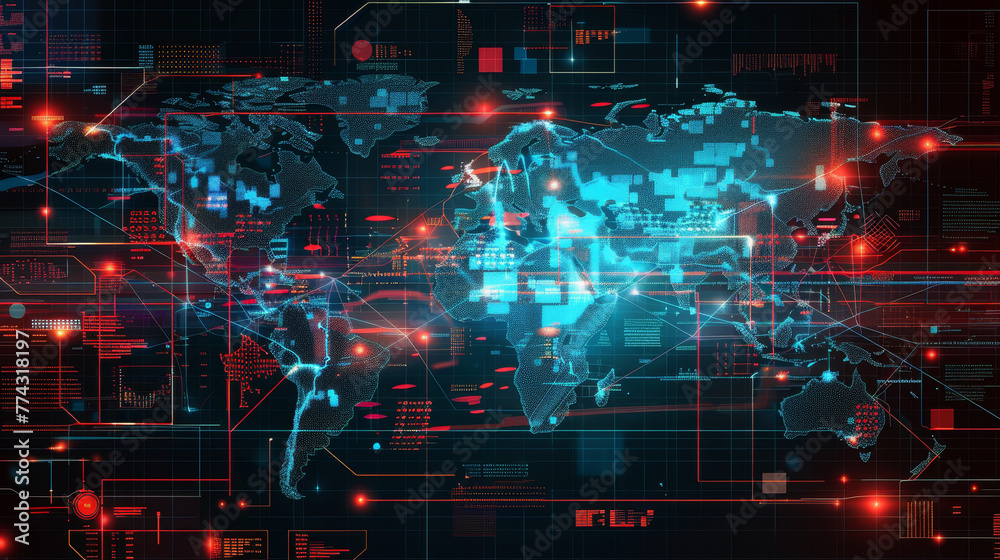 Poster a computer generated image of a world with a blue and red background