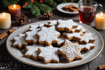 German spiced Christmas cookies on a plate sprinkled with powdered sugar