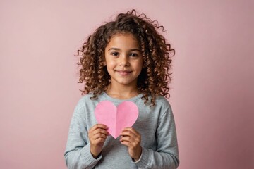 Young hispanic girl with curly brown hair holds pink paper heart