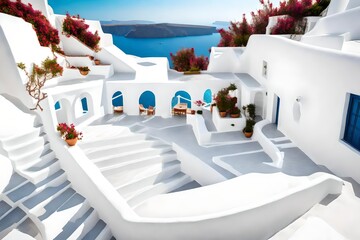 White architecture in Santorini island, Greece. Beautiful terrace with sea view.