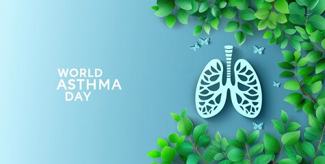 A human lung on a blue background surrounded by foliage. International Asthma Day.