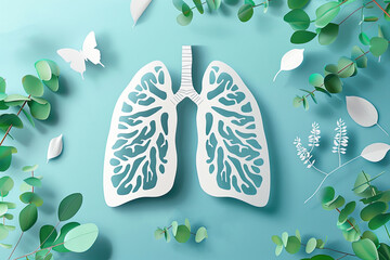 A human lung on a blue background surrounded by foliage. International Asthma Day.