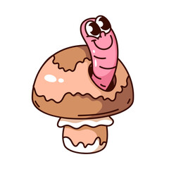 Groovy cartoon mushroom with pink worm character in hole. Funny retro brown boletus with cute crawling earthworm, maggot eating mushroom mascot, cartoon sticker of 70s 80s style vector illustration