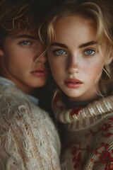 Una pareja joven de enamorados  vistiendo suéteres  de estambre miran fijamente al espectador. Parejas jovenes, san valentín  - obrazy, fototapety, plakaty