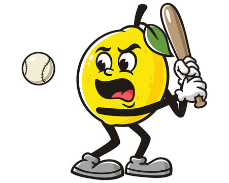 Lemon fruit playing baseball cartoon mascot illustration character vector clip art hand drawn