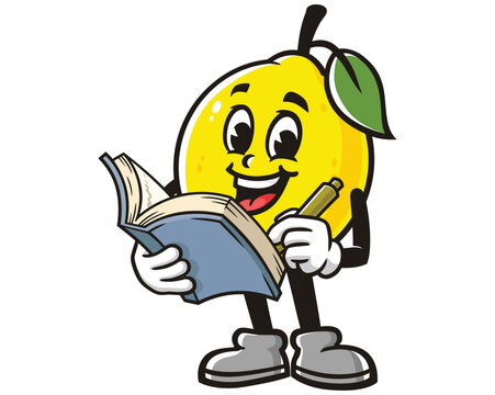 Lemon fruit with book cartoon mascot illustration character vector clip art hand drawn