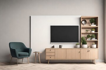 Mockup a cabinet TV wall mounted with armchair in minimal style on transparent background.3d rendering
