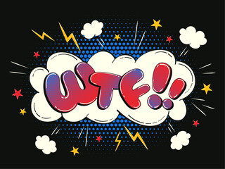 Comic speech bubble in the shape of a cloud with halftone effect. Multicolored illustration with the abbreviation 