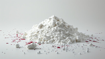 Pile of blood stained cocaine or white powdered drugs on a white surface