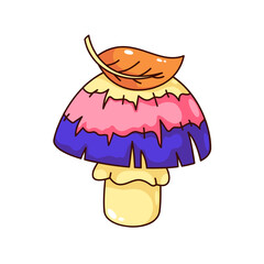 Groovy cartoon mushroom with colorful hat and autumn dry leaf. Funny retro psychedelic mushroom with yellow, red and purple stripes. Fungi mascot, cartoon sticker of 70s 80s style vector illustration