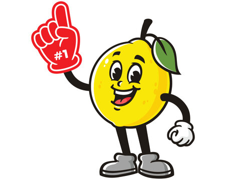 Lemon fruit with foam finger cartoon mascot illustration character vector clip art hand drawn