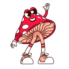 Groovy fly agaric mushroom cartoon character waving hello. Funny retro mushroom with red cap and white polka dots, happy toadstool mascot, cartoon sticker of 70s 80s style vector illustration