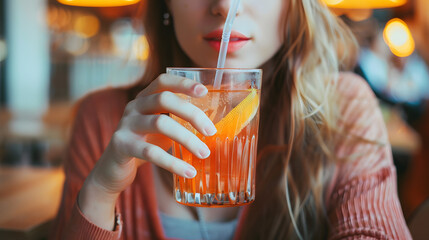 Playful Moment: Woman Enjoying a Refreshing Drink with a Straw, Capturing the Essence of Relaxation and Carefree Pleasure - obrazy, fototapety, plakaty