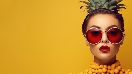 young smiling woman in sunglasses with pineapple tops hairstyle on yellow background, summer background for advertising, copy space