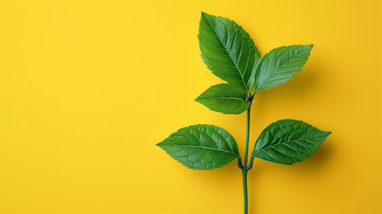 Green plant leaves against a yellow background