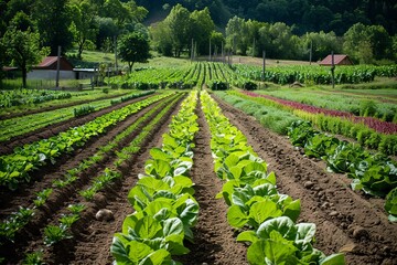 agricultural field sown with organic vegetables - obrazy, fototapety, plakaty