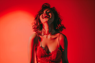 High contrast lighting reminiscent of vintage Hollywood glamour, a stylish 19-year-old girl emanating confidence and joy on a solid red backdrop