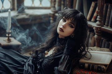 Gothic woman in dark attire with candle smoke, conveying mystery or dark fantasy. Portrait of a girl in a black dress in an ancient library, against the background of smoke from an extinguished candle
