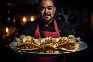 Mexican chef holds a plate with delicious traditional tacos in his hands on the background of the restaurant