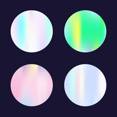 Holographic abstract backgrounds set. Gradient hologram. Stylish holographic backdrop. Minimalistic 90s, 80s retro style graphic template for flyer, poster, banner, mobile app.