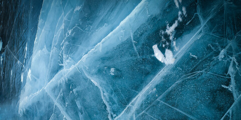 Abstract natural ice texture. Freezy ice surface. Blue backdrop with cracks and scratches on frozen water. Banner. - obrazy, fototapety, plakaty