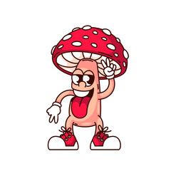 Groovy fly agaric mushroom cartoon character with tongue sticking out. Funny retro amanita with sneakers, hippie peace sign. Crazy mushroom mascot, cartoon sticker of 70s 80s style vector illustration
