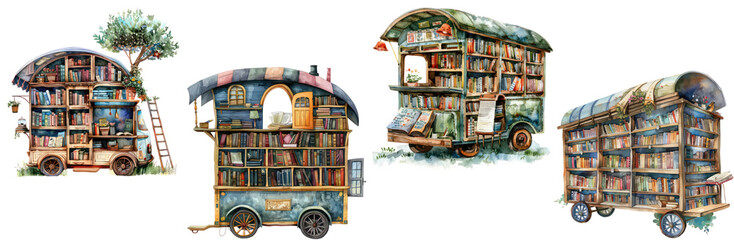 set of Clipart whimsical watercolor library on wheels bringing stories to lifeset of a whimsical watercolor library on wheels bringing stories to life,transparent background