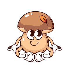 Groovy mushroom cartoon character with happy smile and autumn dry leaf. Funny retro brown mushroom sitting in zen pose, yoga meditation mascot, cartoon sticker of 70s 80s style vector illustration