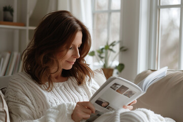 A sophisticated brown-haired woman, engrossed in magazine pages, within the serene and inviting ambiance, white home interior - obrazy, fototapety, plakaty