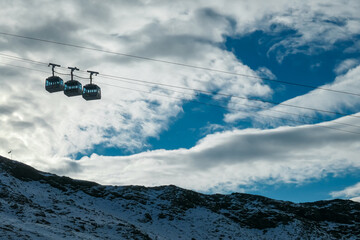 Panoramic morning view of ropeway Ankogelbahn, group cable car in High Tauern National Park,...