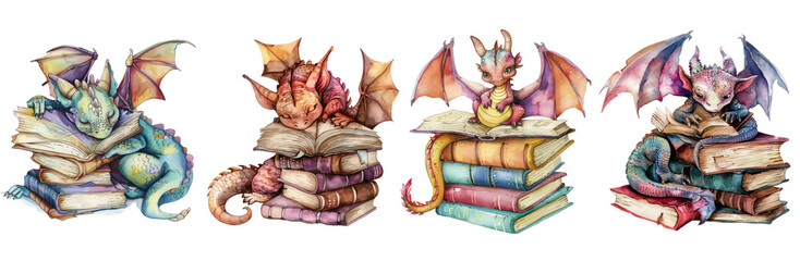 set of  watercolor clipart of a young dragon curled around a pile of books mythical reading buddy,transparent background