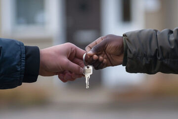 A landlord or estate agent handing over the keys to a house to the new owner. 
