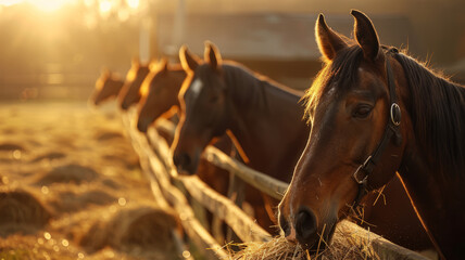 Horses eating at sunset near stable