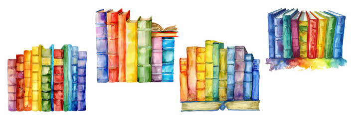 set of Clipart series of books forming a rainbow watercolor spectrum of stories,transparent background - obrazy, fototapety, plakaty