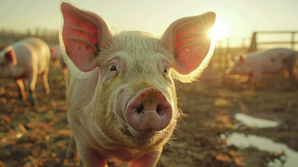 Curious pig on a farm at sunrise.