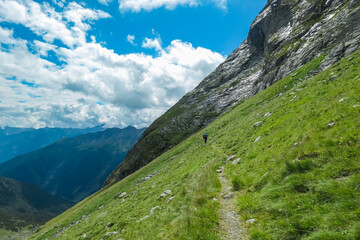 Hiker woman on alpine meadow with panoramic view of majestic mountain peaks in High Tauern National Park, Carinthia, Austria. Idyllic hiking trail in Austrian Alps. Wanderlust paradise Mallnitz