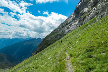 Hiker woman on alpine meadow with panoramic view of majestic mountain peaks in High Tauern National...