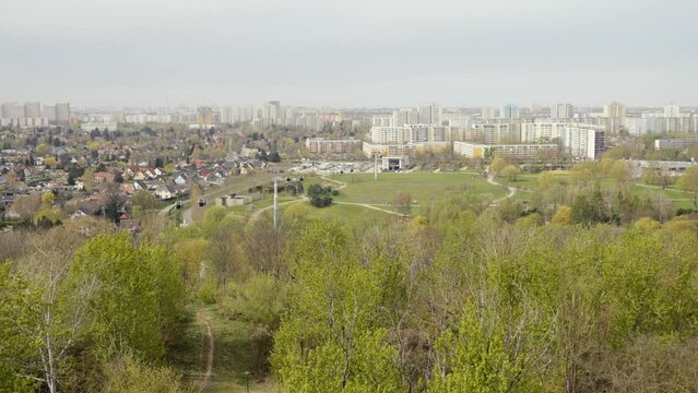 Spring foggy day Berlin-Marzahn. View from the observation tower on Berlin-Marzahn.