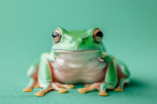 Bright green frog sitting against a plain green background. 