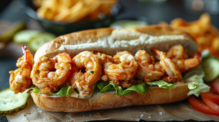 A shrimp po'boy sandwich on a table.