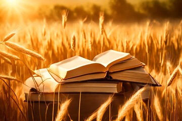 old style books in a wheat field. Warm bright summer day. Sunset light. Golden color rich...