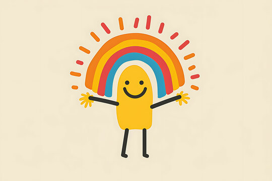 A bold and playful logo for a children's brand, featuring a smiling sun holding hands with a colorful rainbow, using a vibrant and cheerful palette