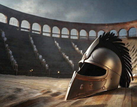 A gladiator helm in the sand of the arena in colosseum. Ancient rome battle scene