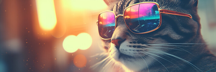 Portrait cat in glasses rainbow reflection is singing a song at the stage Stylish cat posing in sunglasses