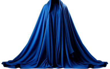 A woman with flowing blue dress and cape stands gracefully in a mystical setting