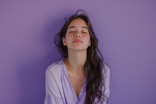 Soft pastel hues inspired by pastel paintings, a confident 19-year-old girl showcasing style and happiness on a solid lavender background